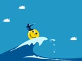 Fight crises with optimism and leadership. Businesswoman leader surfing sea wave with good mood