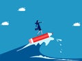 Fight the crisis with the creativity of the leader. Businesswoman surfing the sea with a pencil