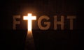 Fight Cross Door Light In dark big Concrete Hall. Fight World Letters On Grungy wall with glowing Cross Light doorway.