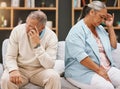 Fight, depression and divorce with old couple on sofa for breakup, sad and frustrated. Stress, mental health and crisis Royalty Free Stock Photo