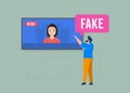 Fight fake news and misinformation. Man exposes false TV news, promoting truth. Vector illustration concept Royalty Free Stock Photo