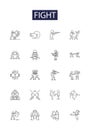 Fight line vector icons and signs. rival, contest, wrestle, brawl, battle, quarrel, clash, struggle outline vector