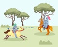Fight of medieval knights vector illustration. Two men in knightly armor on horses, with spear, shield and sword Royalty Free Stock Photo