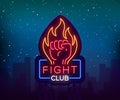 Fight neon sign, light night billboard, vector illustration Neon banner, night-threatening promotional emblem