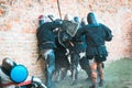 Fight, the struggle of medieval knights in armor. The historical restoration of military events