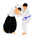 Fight between two aikido fighters symbol illustration. Sparring on training action. Self defense, defence art excercising. Royalty Free Stock Photo