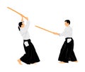 Fight between two aikido fighters symbol illustration. Sparring on training action. Self defense, defence art excercising. Royalty Free Stock Photo