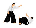 Fight between two aikido fighters symbol illustration. Sparring on training action. Self defense, defence