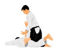 Fight between two aikido fighters symbol illustration. Sparring on training action. Self defense.