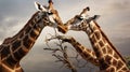 Fight of two giraffes. Africa. Kenya. Samburu national park. Generative AI