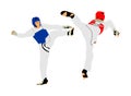 Fight between two taekwondo fighters illustration isolated. Sparring on training action. Self defense skills exercising.