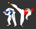 Fight between two taekwondo fighters . Self defense, defence art exercising concept.