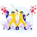 Fight the Virus Concept  Disinfectant workers in hazmat suits use sword and shield to fighting Covid-19 coronavirus illustration Royalty Free Stock Photo