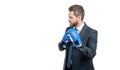 Fight way in business. Professional man in boxing position. Ready to fight, copy space Royalty Free Stock Photo