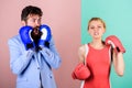 Fight for your happiness. bearded man hipster fighting with woman. problems in relationship. sport. family couple boxing Royalty Free Stock Photo