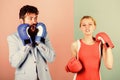 Fight for your happiness. bearded man hipster fighting with woman. problems in relationship. sport. family couple boxing Royalty Free Stock Photo