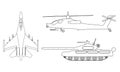 Fighter aircraft, tank, helicopter outline. Military equipment s Royalty Free Stock Photo