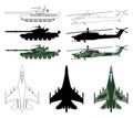 Fighter aircraft, tank, helicopter in silhouette, cartoon, outline style. Military equipment set icon. Vector illustration Royalty Free Stock Photo