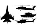 Fighter aircraft, tank, helicopter silhouette. Military equipment set icon. Vector illustration Royalty Free Stock Photo