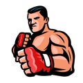 Fighter boxer with fists isolated. Fight club, boxing, kickboxing, strength sport emblem or logo. Vector illustration