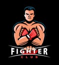 Fighter with boxing gloves sports emblem. Muscular boxer, wrestler, bodybuilder mascot logo design. Vector illustration