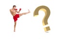 Fighter boxing with gold question mark