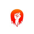 Fighter hand fist revolution vector logo inside flame fire ball badge icon illustration