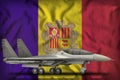 Fighter, interceptor on the Andorra state flag background. 3d Illustration