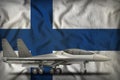 Fighter, interceptor on the Finland state flag background. 3d Illustration