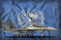 Fighter, interceptor with pixel city camouflage on the United Nations state flag background. 3d Illustration