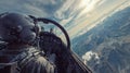 Fighter jet cockpit interior view from pilot perspective showing instrument panel and dramatic aerial landscape with clouds and Royalty Free Stock Photo