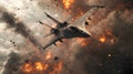 Fighter Jet in Explosive Action Scene ai generated Royalty Free Stock Photo