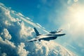 Fighter jet F-16 soaring above dense clouds with bright sunlight, showcasing power. Royalty Free Stock Photo