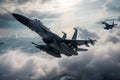 Fighter jet fighter in the cloudy sky. 3D Rendering, Military fighter jets flying in the sky on a battlefield, AI Generated