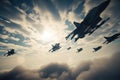 Fighter jet fighters flying high in the sky. 3d render, Military fighter jets flying in the sky in a battlefield, AI Generated