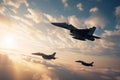 Fighter jet fighters flying in the sky at sunset. 3d render, Military fighter jets flying in the sky in a battlefield, AI