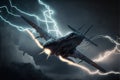 a fighter jet flying through a cloudy sky with lightning bolting behind it and a cloud of smoke and smoke behind it, with a plane