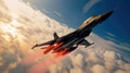 a fighter jet flying through a cloudy sky with red flares Royalty Free Stock Photo