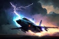 a fighter jet flying through a cloudy sky under a lightning bolt in the sky above a city with a lightning bolt in the sky above Royalty Free Stock Photo