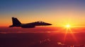 Fighter jet flying over the clouds during sunset Royalty Free Stock Photo