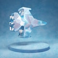 Fighter Jet icon. Cracked blue Ice Fighter Jet symbol on blue snow podium