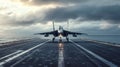 Fighter jet launches from aircraft carrier under dramatic clouds at sunset Royalty Free Stock Photo