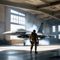 A fighter jet is parked in an abandoned building.