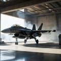 A fighter jet is parked in an abandoned building.