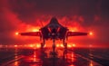 Fighter Jet on Runway at Dusk. The sky behind the jet is a fiery orange, creating a dramatic and powerful image. Royalty Free Stock Photo