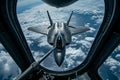 A fighter jet soars through a cloudy blue sky, showcasing its power and speed, A fighter aircraft in mid-air refueling process, AI Royalty Free Stock Photo