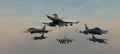 fighter jet squadron flying in line in the sky. 3d