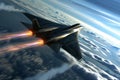 A fighter jet tears through the sky, leaving behind a trail of thick smoke, as it maneuvers through the air, A next-gen supersonic Royalty Free Stock Photo