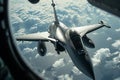 A fighter jet zooms through a cloudy sky, showcasing its speed and power, A fighter aircraft in mid-air refueling process, AI Royalty Free Stock Photo