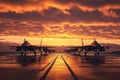 Fighter jets aligned at runway during sunset Royalty Free Stock Photo